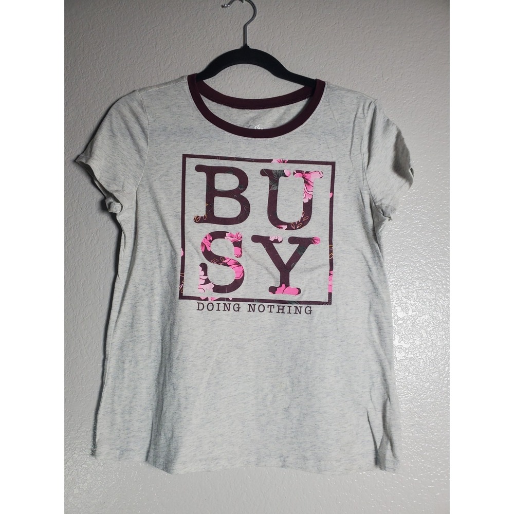 Justice Girls‎ Graphic T-Shirt "Busy Doing Nothing" Floral Print Gray Size 14
